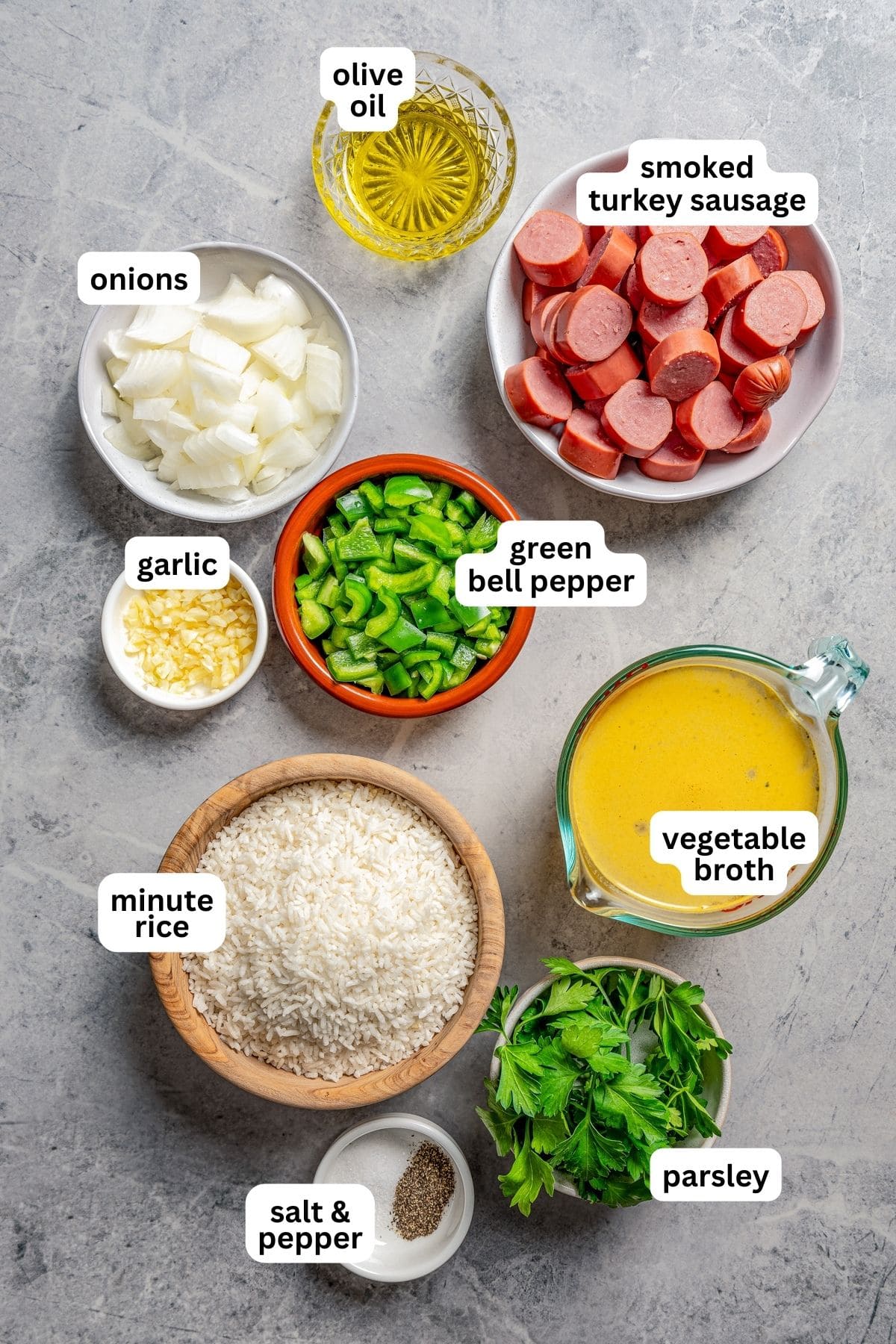 Overhead image of the ingredients used to make Sausage and Rice.