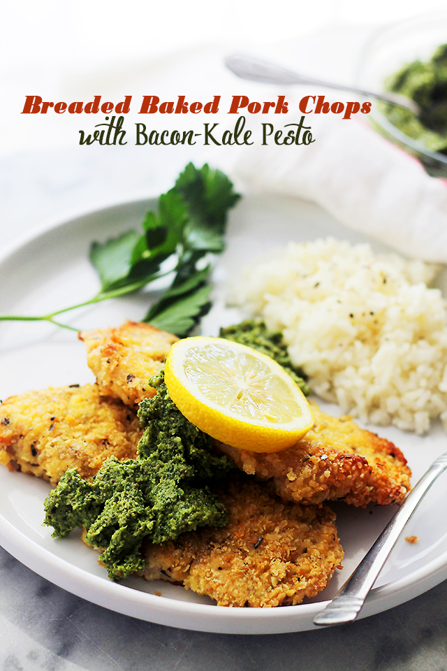 Easy Breaded Pork Chops topped with pesto and a slice of fresh lemon with rice on the side.