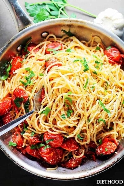 Garlic Parmesan Spaghetti with Blistered Tomatoes Recipe | Diethood