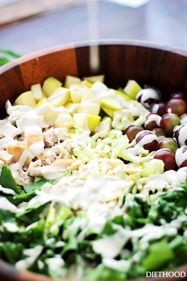 California Chicken Salad with Creamy Yogurt Dressing - This take on the classic California Chicken Salad makes for a healthier, delicious meal with grapes, celery, nuts and grilled chicken served atop a bed of romaine lettuce, all tossed in a lightened-up creamy yogurt dressing. 