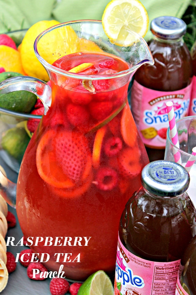 Raspberry Iced Tea Punch in a glass pitcher