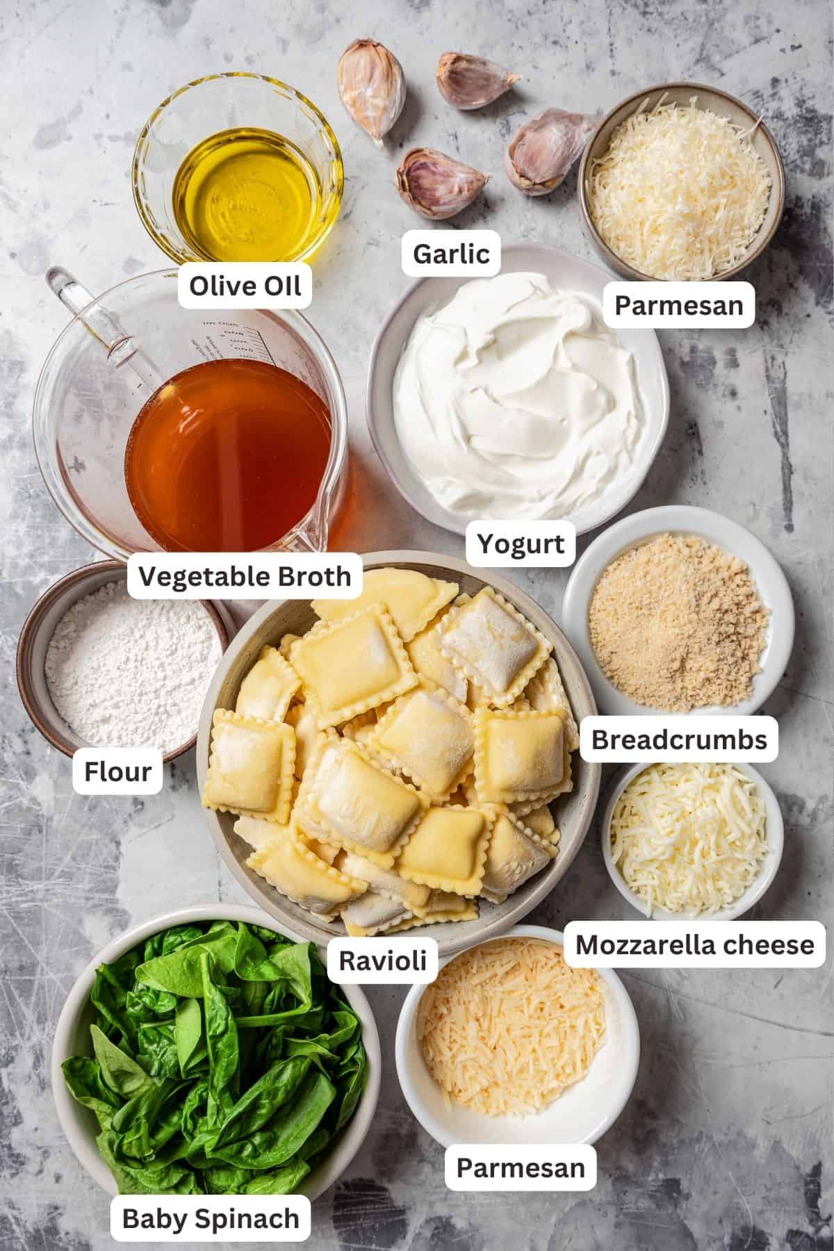 Ingredients for ravioli lasagna with text labels overlaying each ingredient.