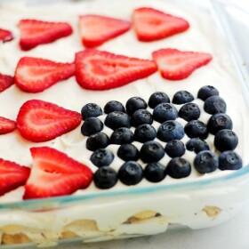 Red, White and Blue Tiramisu | www.diethood.com | Layers of ladyfingers soaked in espresso, covered with a luscious, creamy mascarpone cheese mixture and topped with your favorite red and blue berries!
