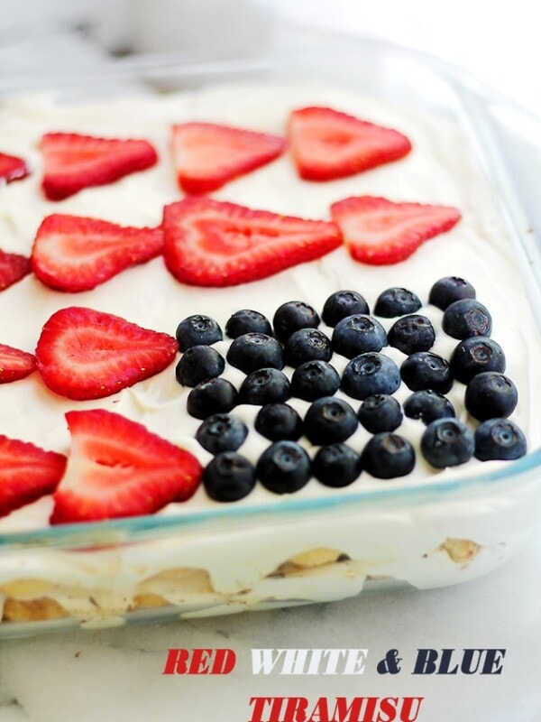 Red, White and Blue Tiramisu | www.diethood.com | Layers of ladyfingers soaked in espresso, covered with a luscious, creamy mascarpone cheese mixture and topped with your favorite red and blue berries!