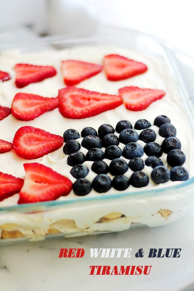 Red, White and Blue Tiramisu | www.diethood.com | Layers of ladyfingers soaked in espresso, covered with a luscious, creamy mascarpone cheese mixture and topped with your favorite red and blue berries! 
