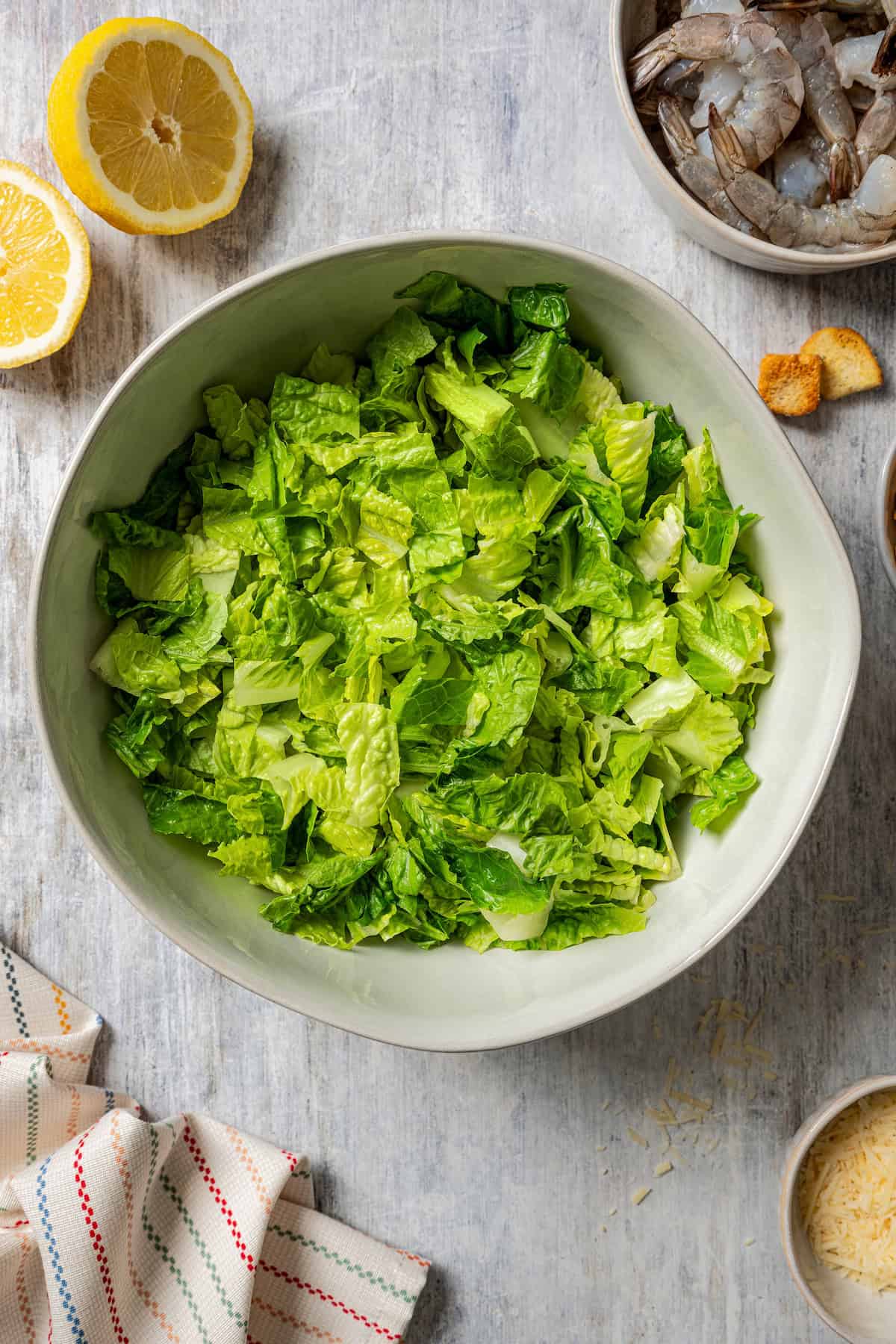 Romaine lettuce in a large salad bowl.