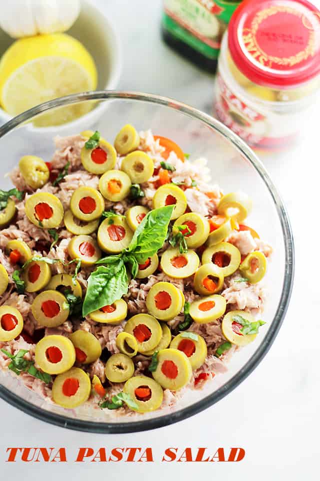 Tuna Pasta Salad with Pimiento-Stuffed Olives | www.diethood.com | A delicious pasta salad tossed together with chunks of tuna, pimiento-stuffed olives, cherry tomatoes and a super flavorful lemon-garlic vinaigrette.