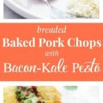 Breaded Baked Pork Chops with Bacon-Kale Pesto - Tender and delicious Pork Chops coated in oyster crackers and cheese served with a side of a truly mouthwatering homemade Bacon-Kale Pesto.