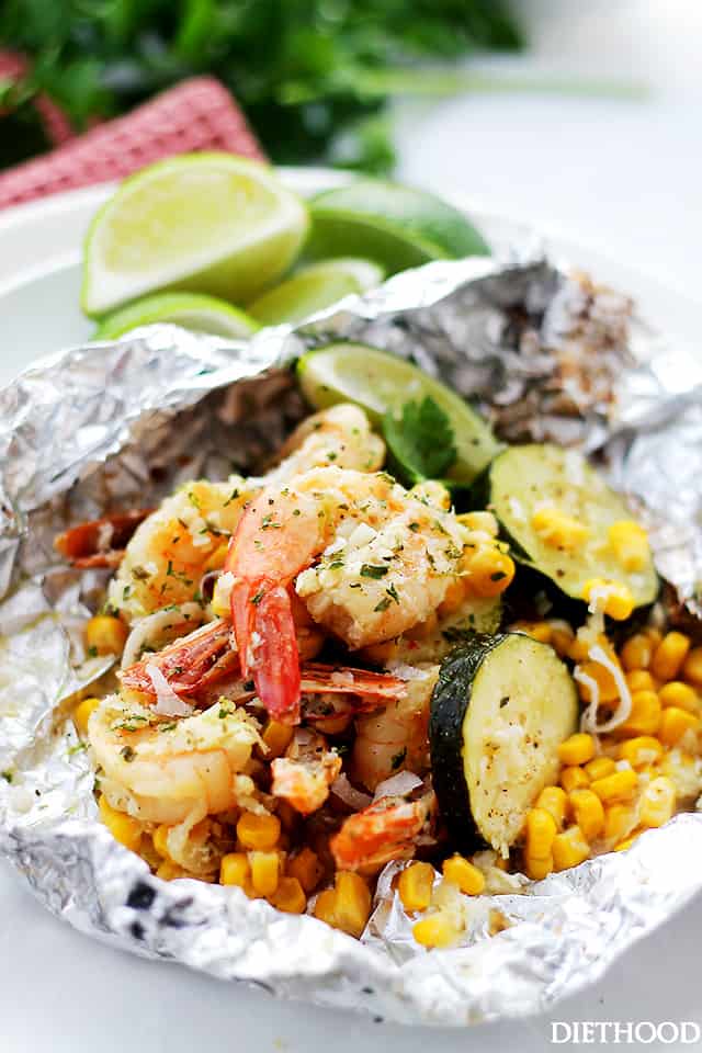 Grilled Coconut Lime Shrimp and Summer Veggies in Foil Recipe | Diethood
