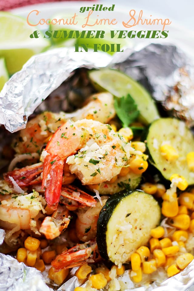 Grilled Coconut Lime Shrimp and Summer Veggies in Foil | www.diethood.com | Corn, zucchini and coconut-lime marinated shrimp grilled in foils makes for one easy, delicious, 30-minute summer dinner!