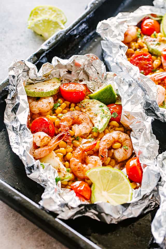 Shrimp foil packets on the grill.
