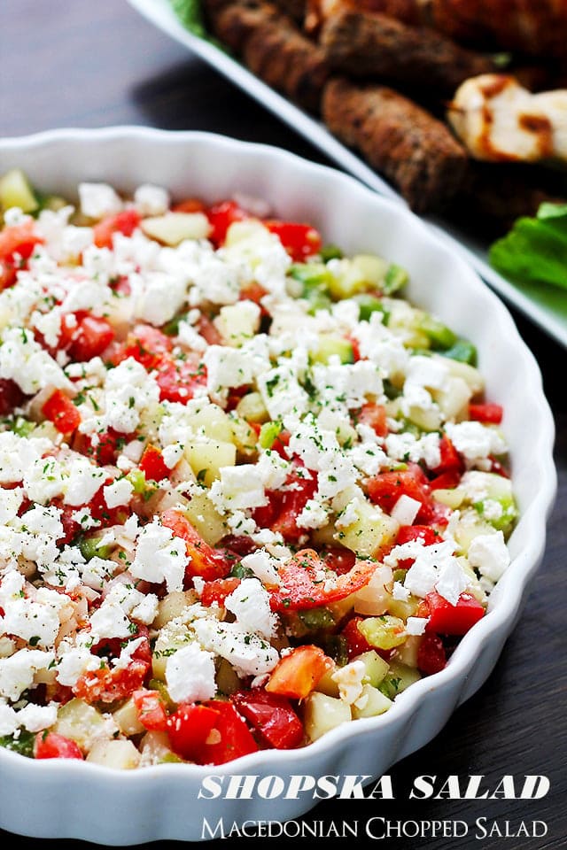 Shopska Salad | www.diethood.com | The Macedonian version of a chopped salad with cucumbers, tomatoes, onions, peppers and white [feta] cheese.