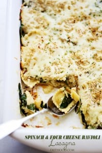 Spinach and Four Cheese Ravioli Lasagna | www.diethood.com | Layers of cheese-filled ravioli and fresh baby spinach covered in homemade alfredo sauce and topped with a crispy panko crumb-topping.