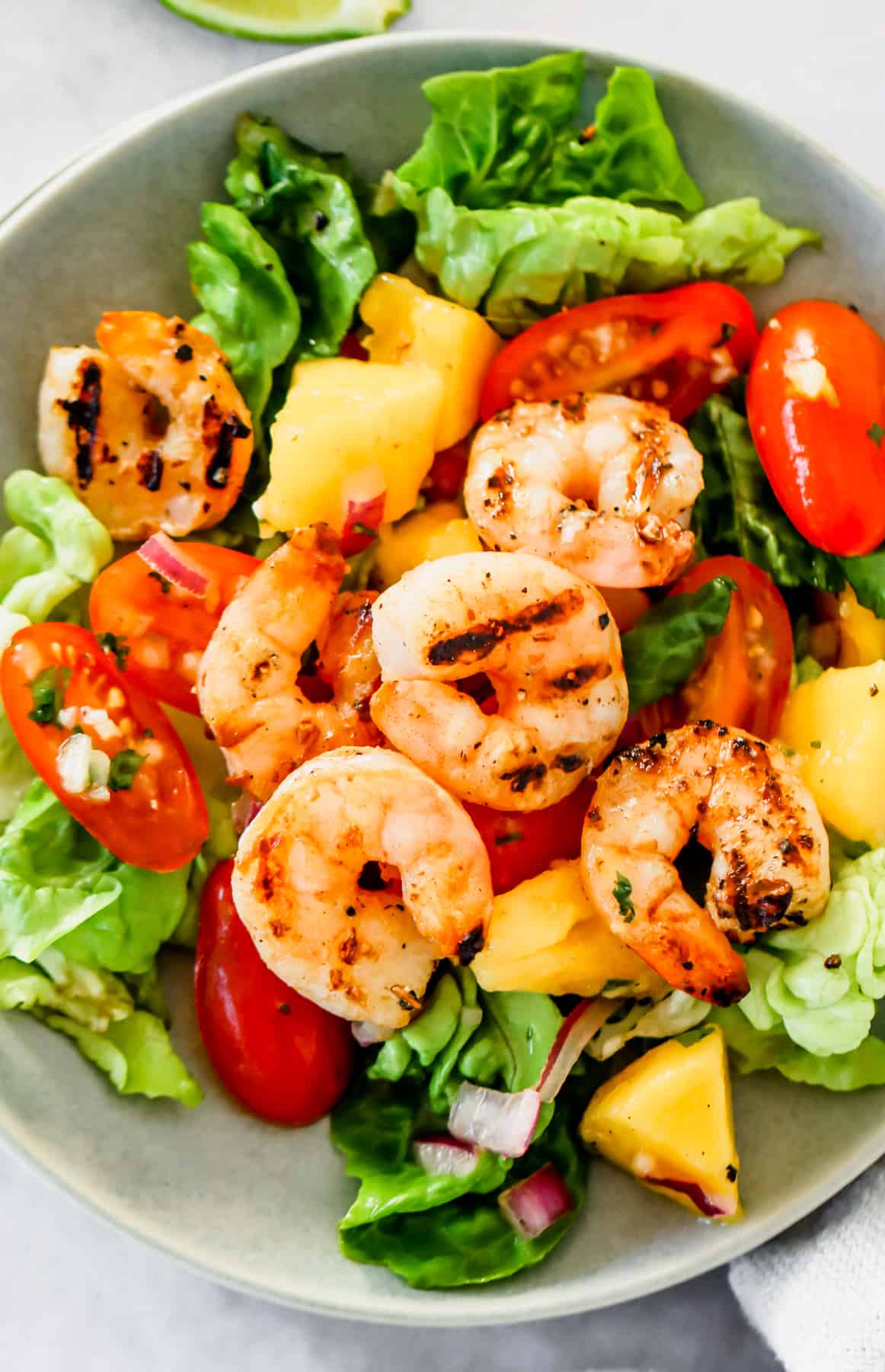 A bowl of shrimp, mangoes, and cherry tomatoes arranged over salad greens.