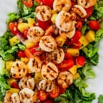 Close-up of a serving platter with shrimp, mangoes, and cherry tomatoes arranged over salad greens.