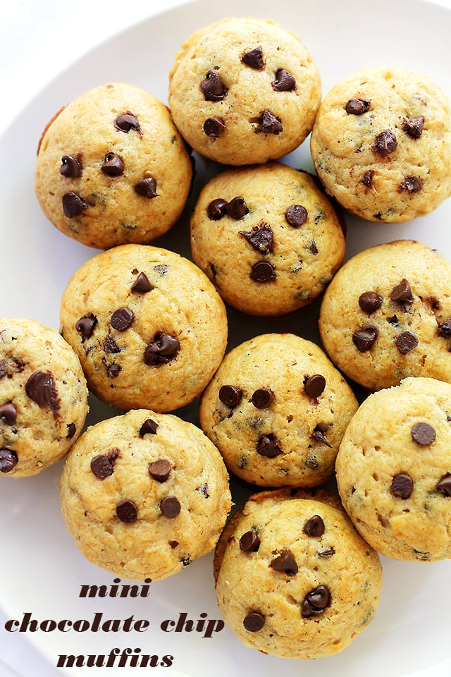 Mini Chocolate Chip Muffins arranged on a white plate.