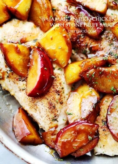 Jamaican Jerk Chicken with Stone Fruit Sauce | www.diethood.com | Easy to make, 30-minute meal including chicken rubbed with homemade jerk seasoning and topped with an incredibly delicious peaches and plums sauce.