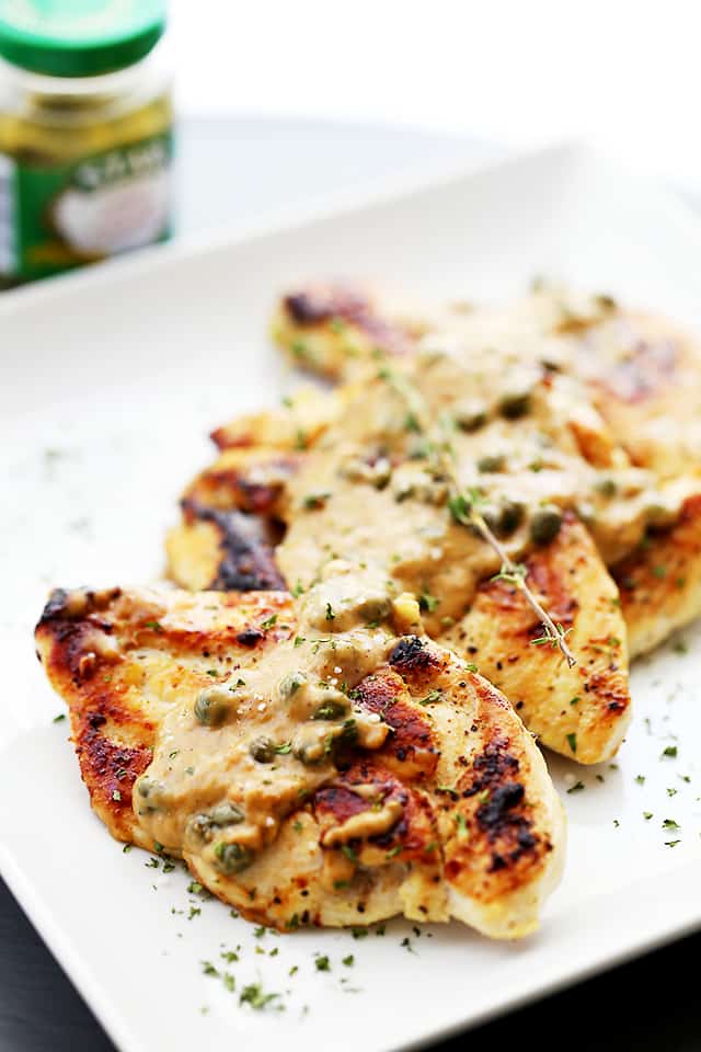 Lemon Pepper Chicken with Creamy Capers Sauce | www.diethood.com | Juicy, flavorful Lemon Pepper Chicken served with a lightened-up cream sauce and capers. 