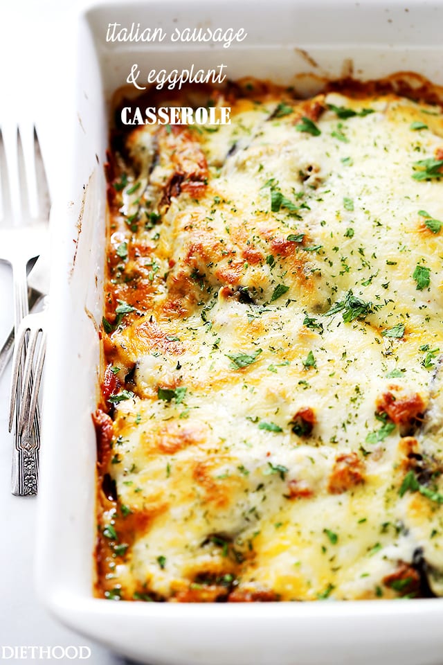 Photo of Italian Sausage and Eggplant Casserole in a baking dish.