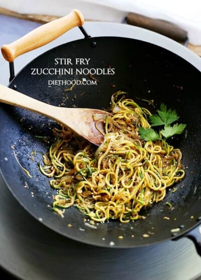 Stir Fry Zucchini Noodles | www.diethood.com | Delicious, low-carb, healthy Stir Fry made with spiralized zucchini and onions tossed with teriyaki sauce and toasted sesame seeds.