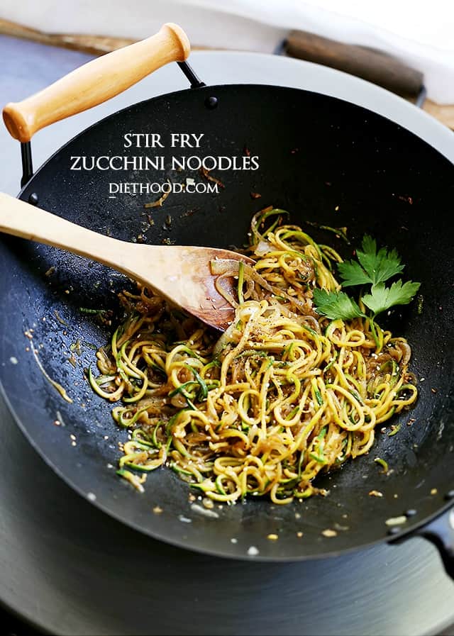 Stir Fry Zucchini Noodles | www.diethood.com | Delicious, low-carb, healthy Stir Fry made with spiralized zucchini and onions tossed with teriyaki sauce and toasted sesame seeds.