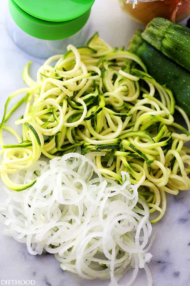 Stir Fry Zucchini Noodles | www.diethood.com | Delicious, low-carb, healthy Stir Fry made with spiralized zucchini and onions tossed with teriyaki sauce and toasted sesame seeds. 