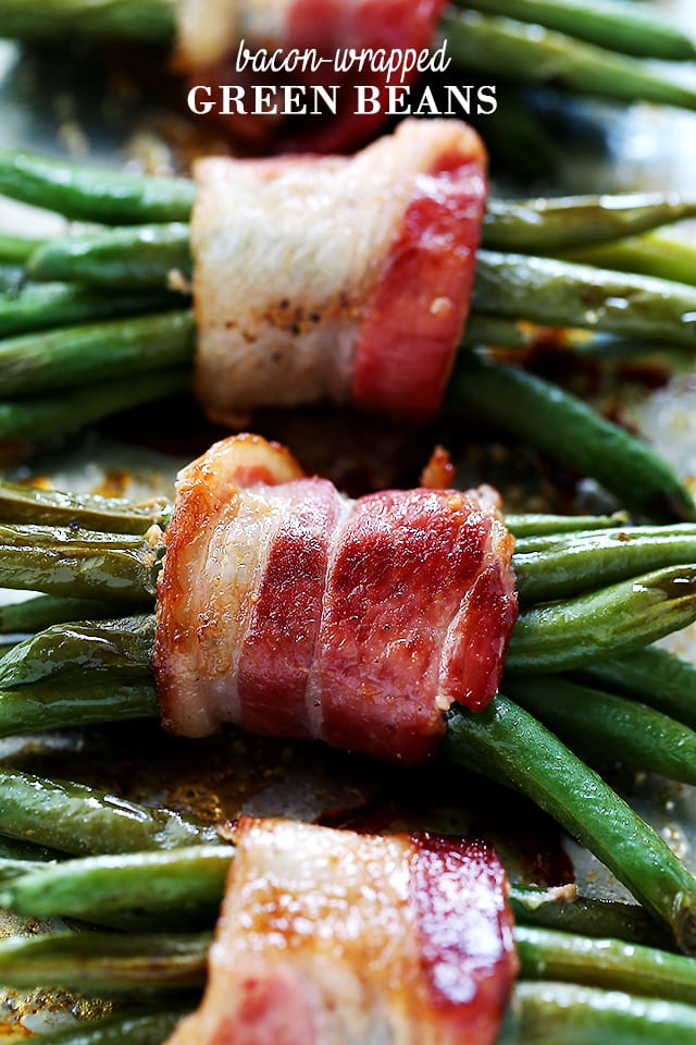 Bacon-Wrapped Green Beans on a baking sheet