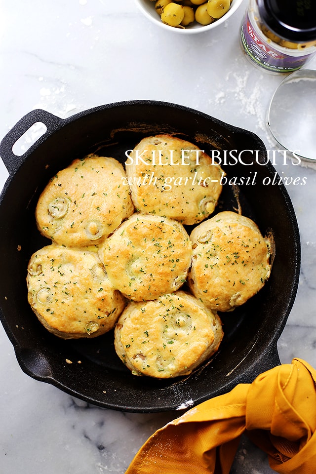 Skillet Biscuits with Garlic-Basil Olives | www.diethood.com | Light, fluffy, very easy to make Biscuits baked in a skillet and stuffed with delicious garlic-basil olives! 25 minutes from start to finish!