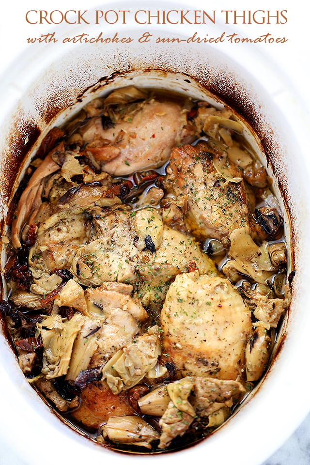 Crock Pot Chicken Thighs with Artichokes and Sun-Dried Tomatoes | www.diethood.com | Melt-in-your-mouth chicken thighs prepared in the crock pot with artichoke hearts and sun-dried tomatoes.