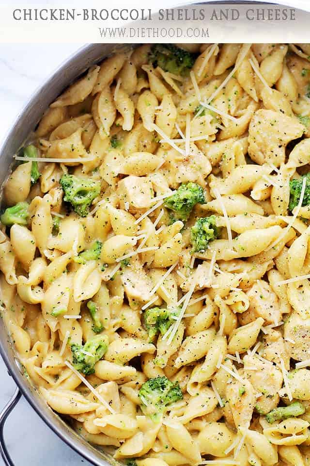 Top view of chicken and broccoli shells and cheese in a pan
