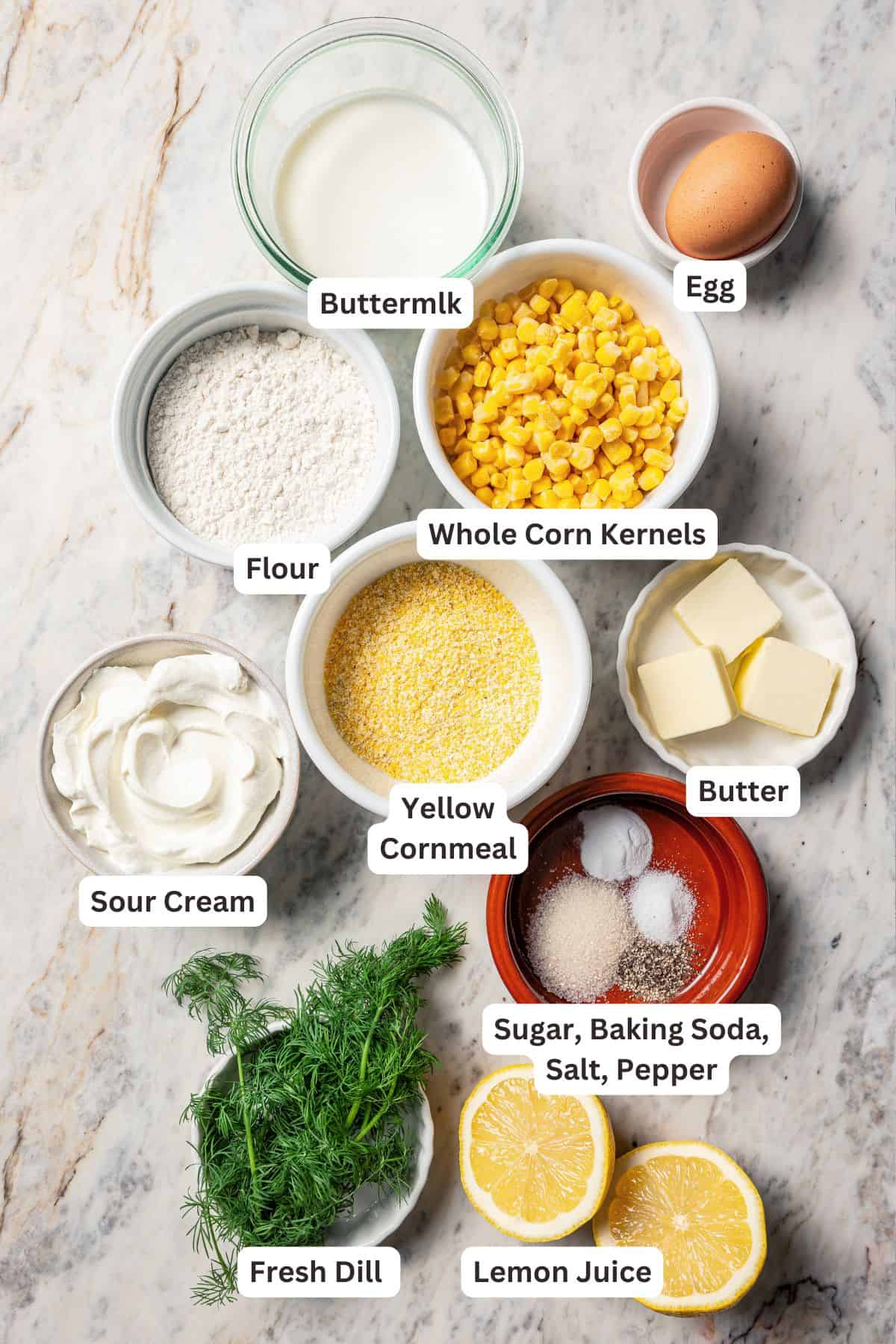 Ingredients for cornbread pancakes with text labels overlaying each ingredient.