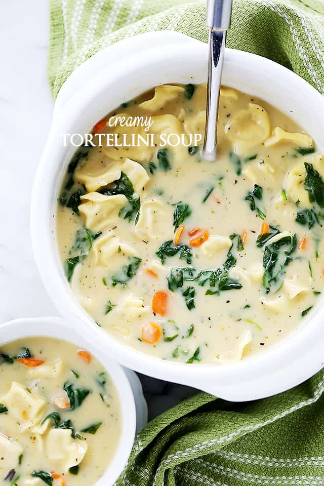 This Creamy Tortellini Soup is a quick, easy, and deliciously creamy soup packed with cheesy tortellini and fresh spinach.