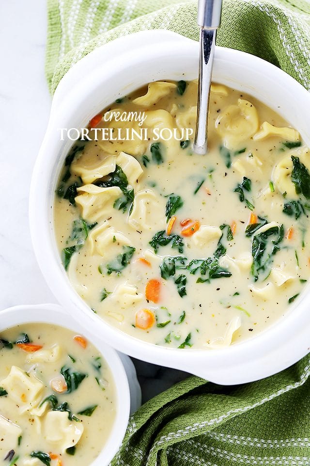 Creamy Tortellini Soup in soup pot with ladle