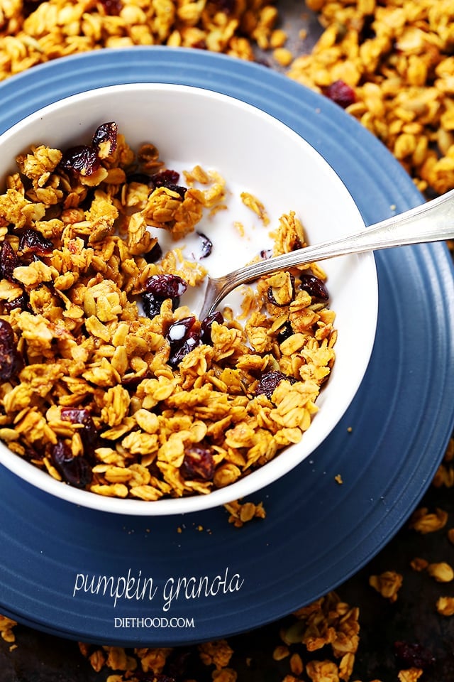 Pumpkin Granola in a bowl with milk.