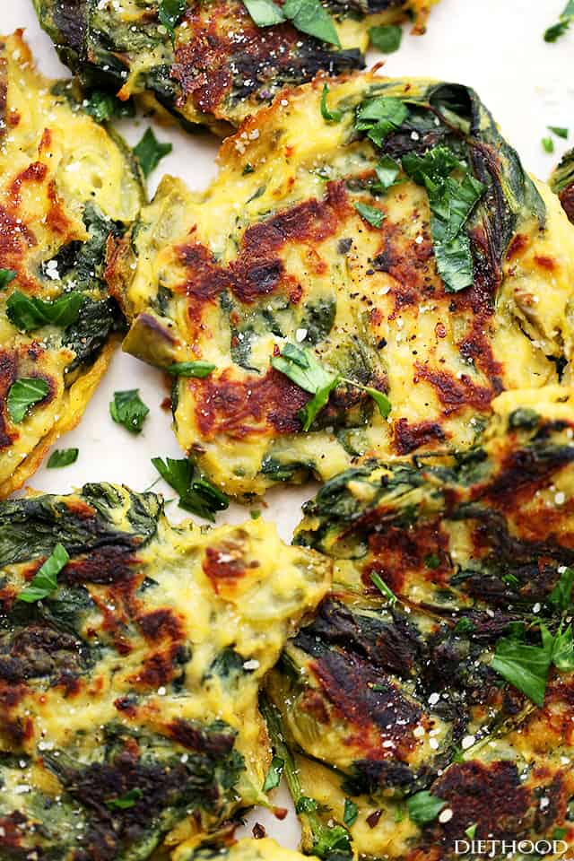 Spinach, Kale and Spaghetti Squash Fritters | www.diethood.com | Flavorful, healthy, quick and easy baked fritters with spinach, kale, and spaghetti squash. 