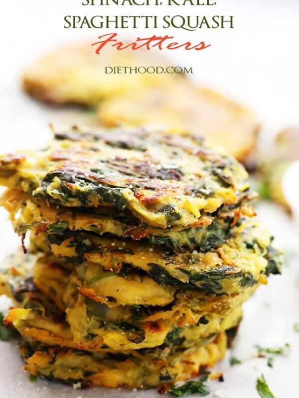 Spinach, Kale and Spaghetti Squash Fritters | www.diethood.com | Flavorful, healthy, quick and easy baked fritters with spinach, kale, and spaghetti squash.