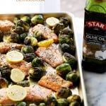 One Sheet Pan Garlic Roasted Salmon with Brussels Sprouts | www.diethood.com | Incredibly delicious, garlicky, super flavorful one-pan dinner with oven-roasted salmon and brussels sprouts.