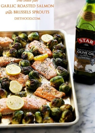 One Sheet Pan Garlic Roasted Salmon with Brussels Sprouts | www.diethood.com | Incredibly delicious, garlicky, super flavorful one-pan dinner with oven-roasted salmon and brussels sprouts.