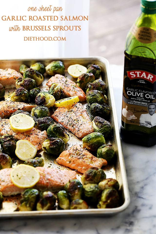 One Sheet Pan Garlic Roasted Salmon with Brussels Sprouts | www.diethood.com | Incredibly delicious, garlicky, super flavorful one-pan dinner with oven-roasted salmon and brussels sprouts.