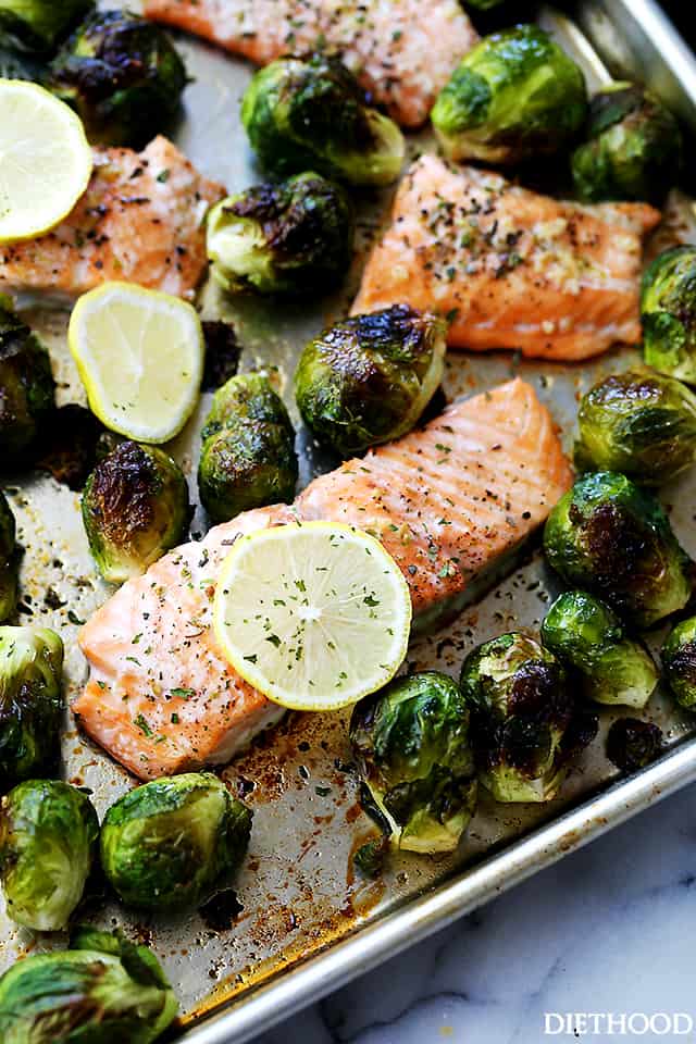 One Sheet Pan Garlic Roasted Salmon with Brussels Sprouts Recipe