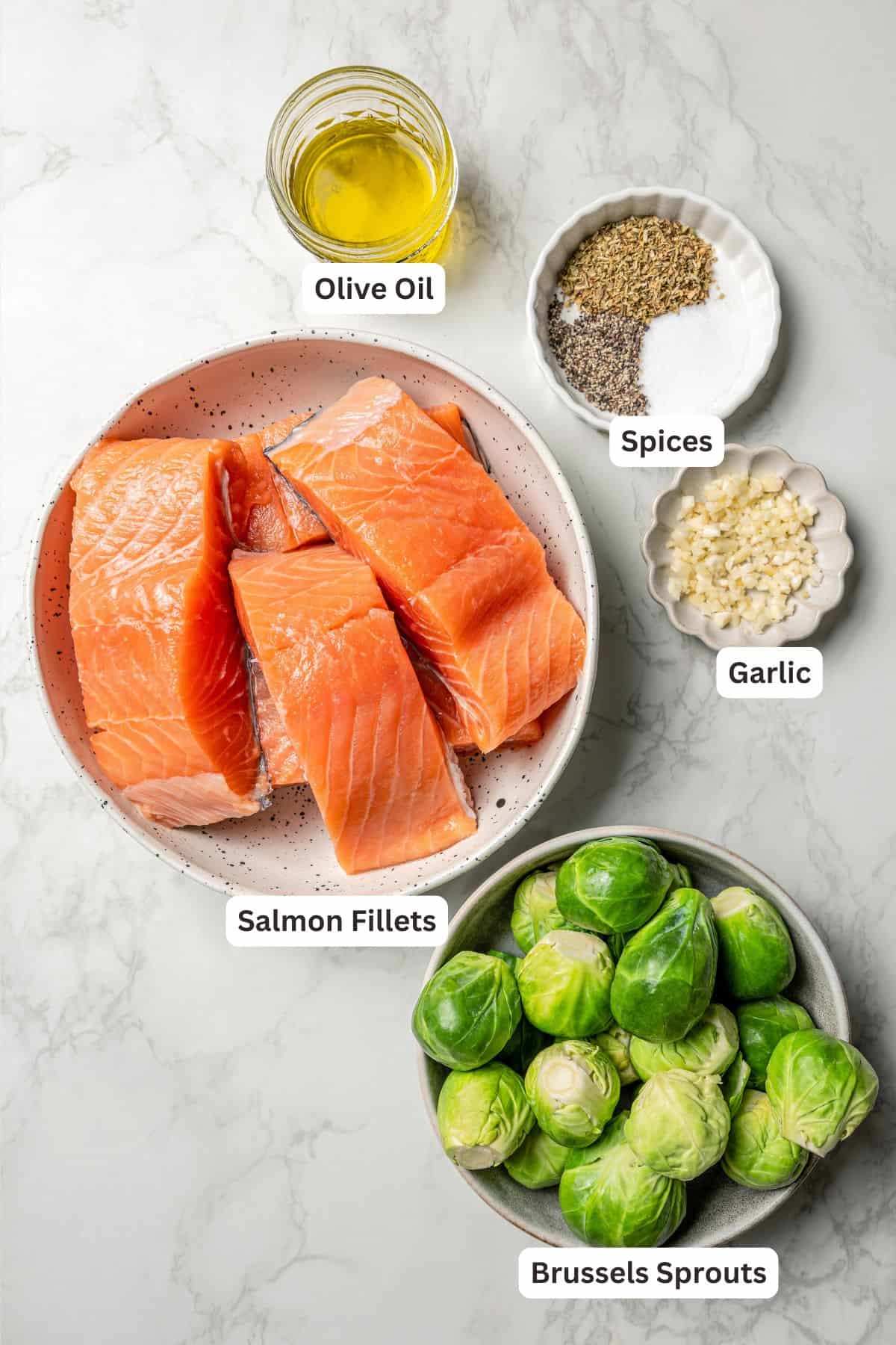 Ingredients for a sheet pan salmon dinner with Brussels sprouts, with text labels overlaying each ingredient.