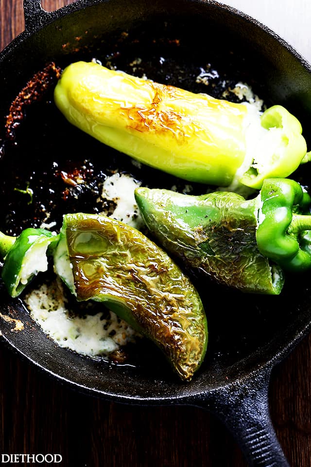 Easy Skillet Stuffed Peppers | www.diethood.com | Quick, easy, deliciously cheesy stuffed peppers prepared on the stove top. 