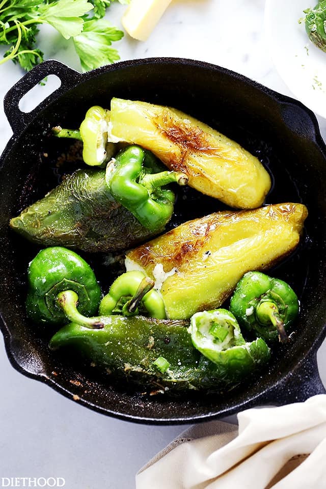 Easy Skillet Stuffed Peppers | www.diethood.com | Quick, easy, deliciously cheesy stuffed peppers prepared on the stove top. 