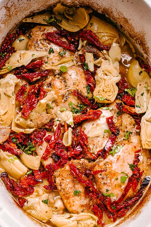 chicken thighs in crock pot with artichokes and sun dried tomatoes