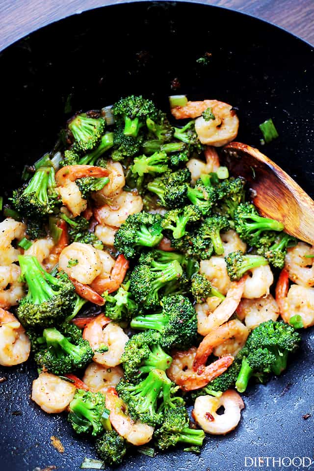 Shrimp Broccoli Stir Fry cooking in a wok.