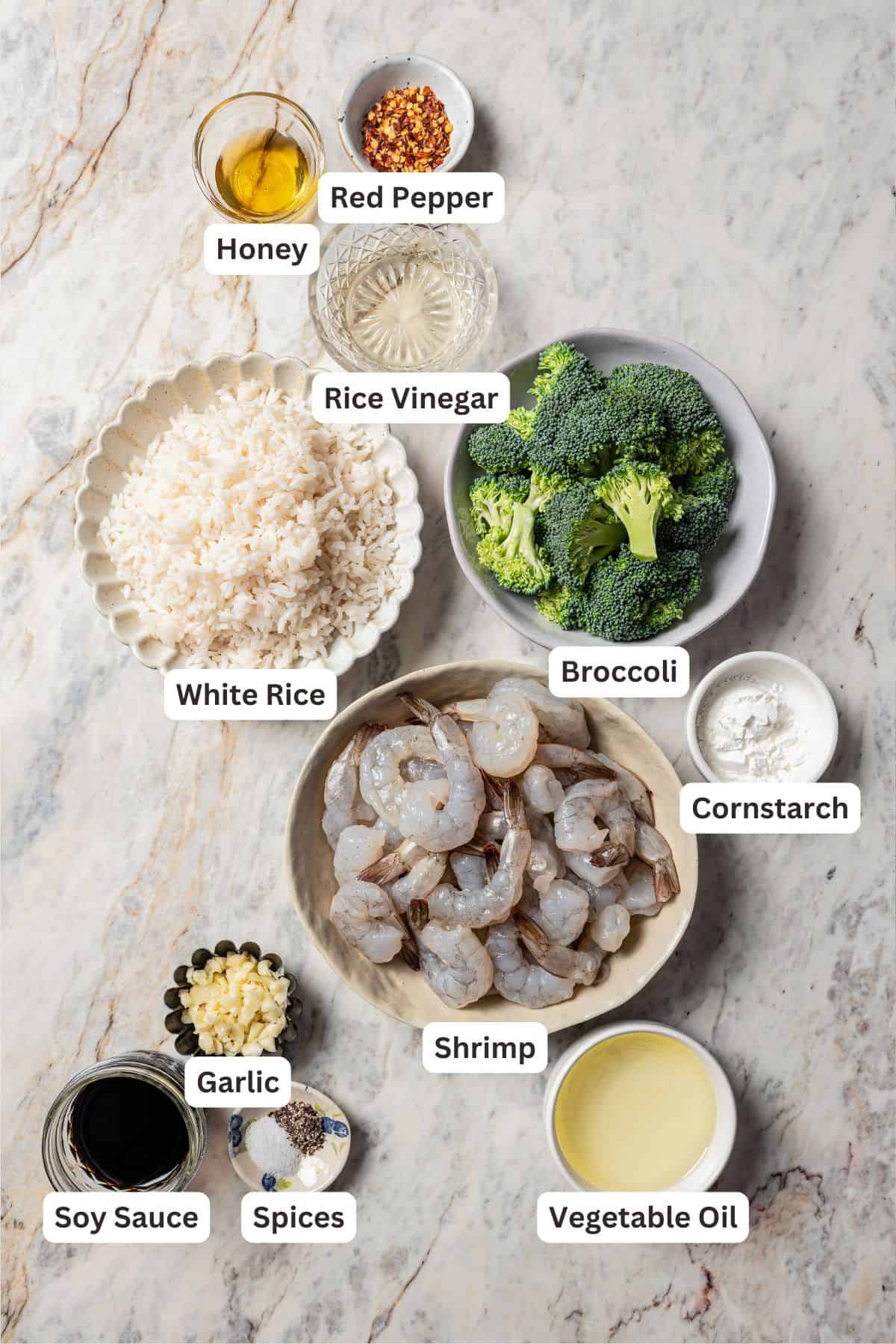 Shrimp stir fry ingredients with text labels overlaying each ingredient.