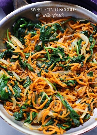 Sweet Potato Noodles with Spinach | www.diethood.com | Delicious, adaptable, vegetarian recipe with garlicky sweet potato noodles, spinach, onions, and a sprinkle of cheese.