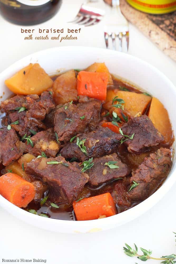 Beer braised beef with carrots and potatoes in a bowl