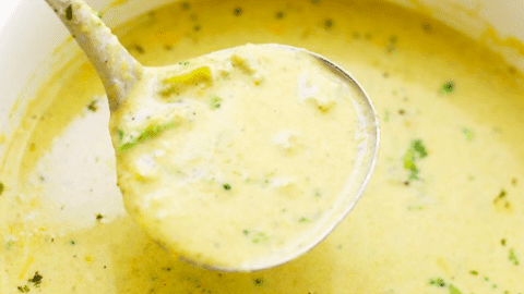Bowl of broccoli cheese soup.
