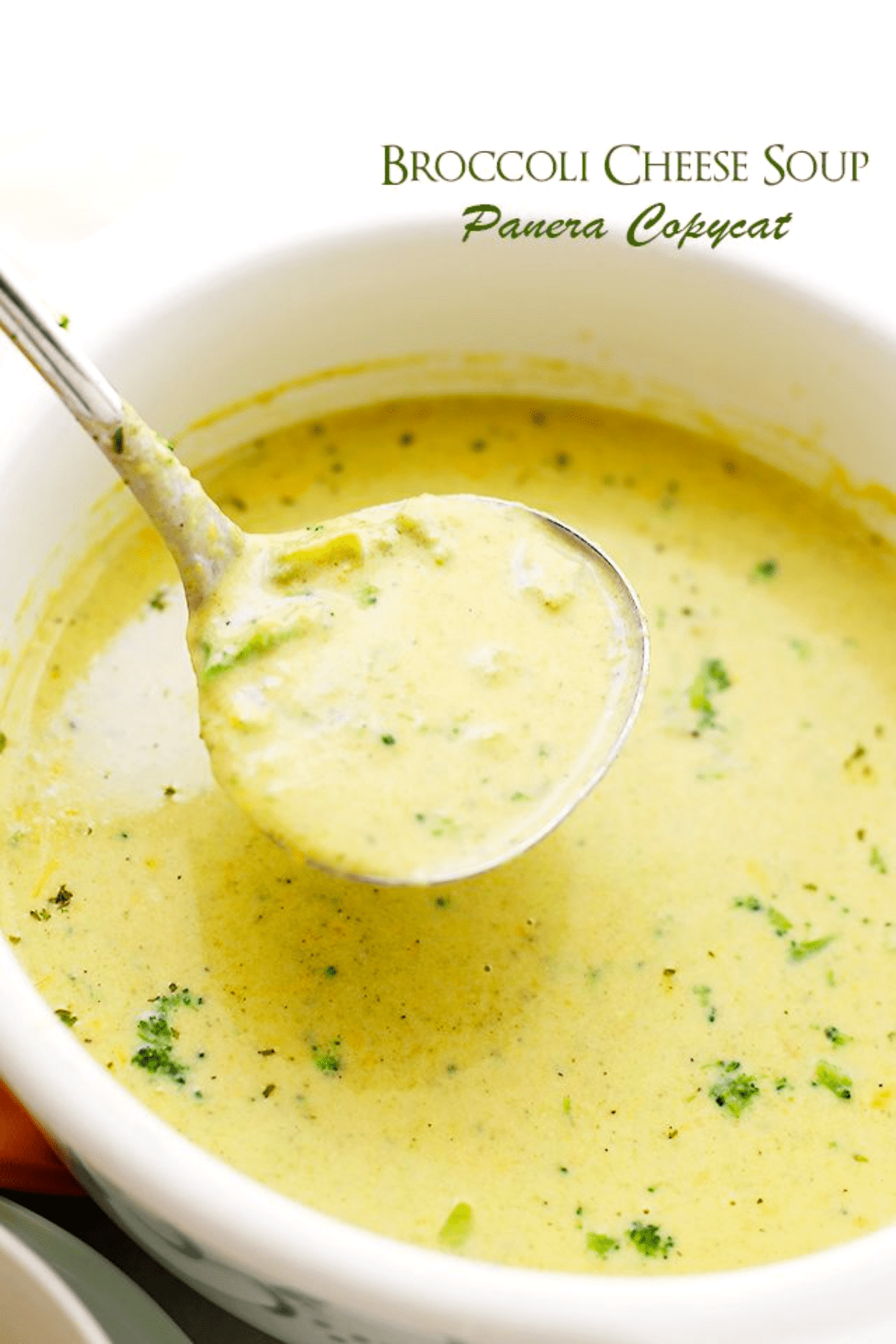 ladle filled with broccoli cheese soup